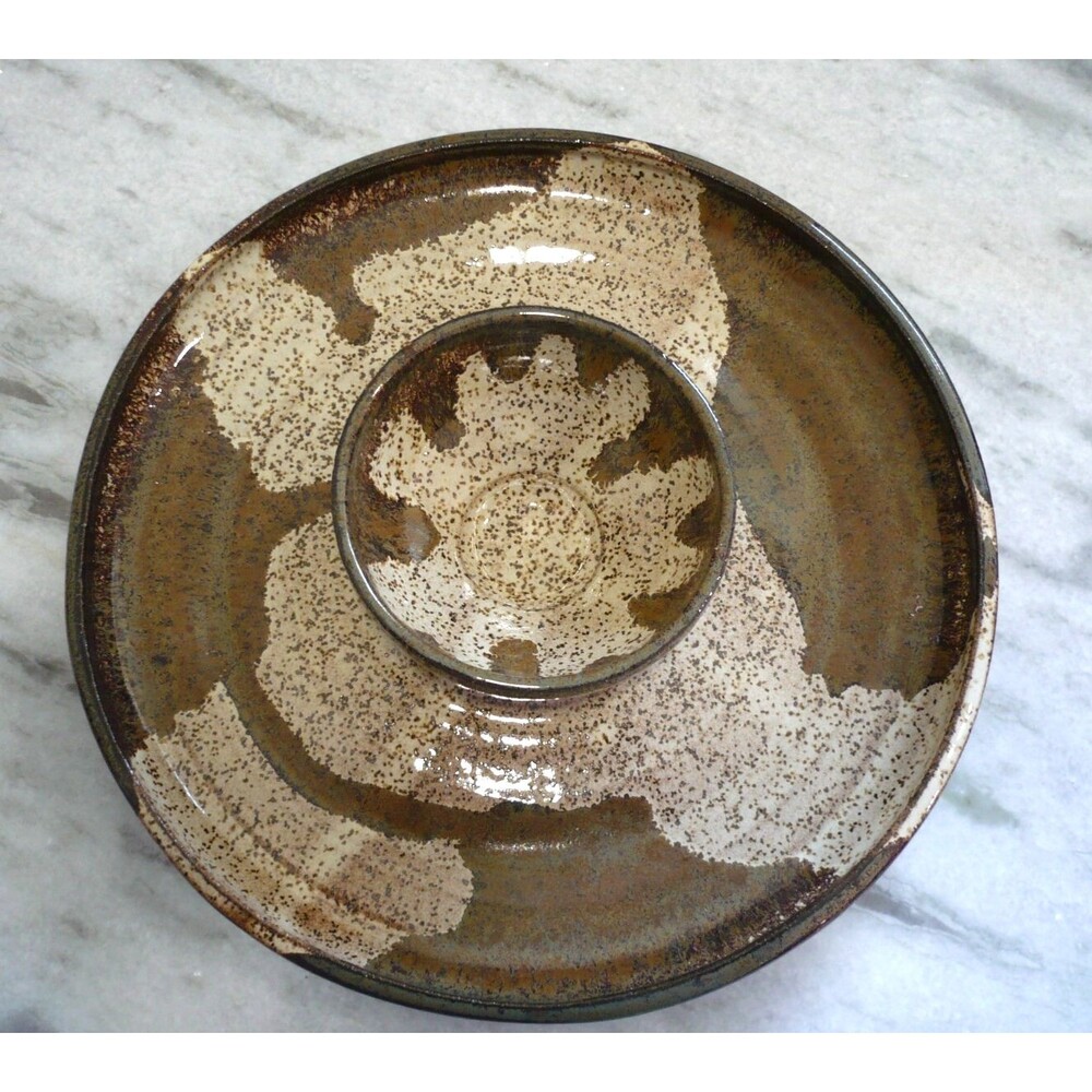 Vtg Chip and Dip Dish Bowl Stoneware Handmade Pottery Ceramic Signed Brown Green